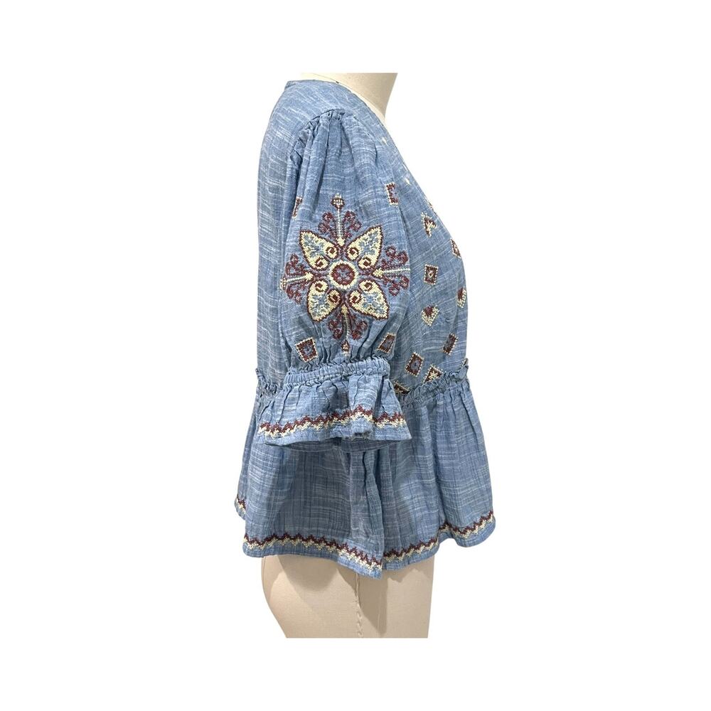 FREE PEOPLE Tallulah Embroidered Chambray Puff Sleeve Cropped Top Size S - Picture 6 of 13